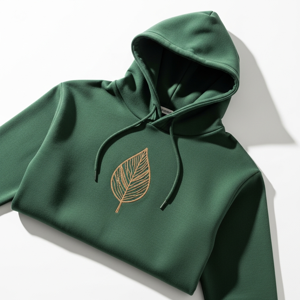 Forest green organic cotton hoodie with leaf design
