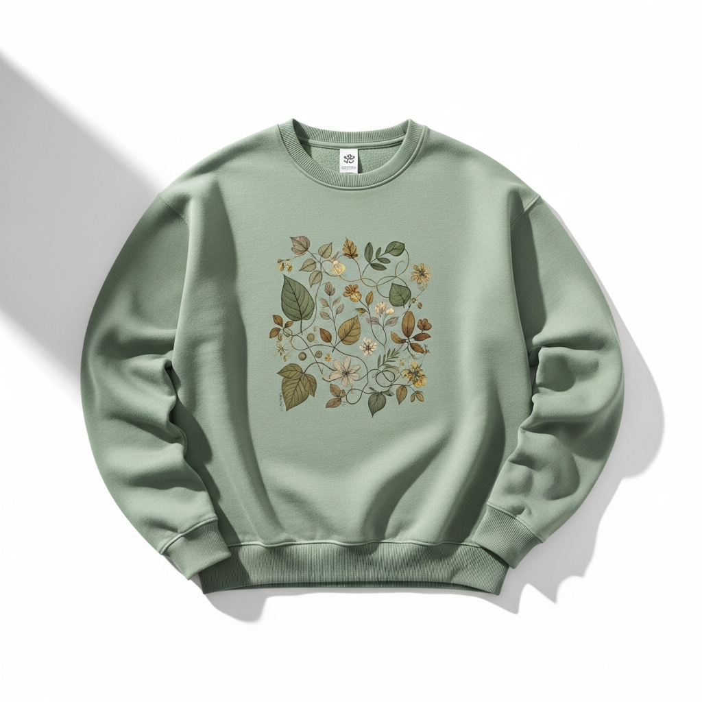 Sage green organic sweatshirt with botanical print